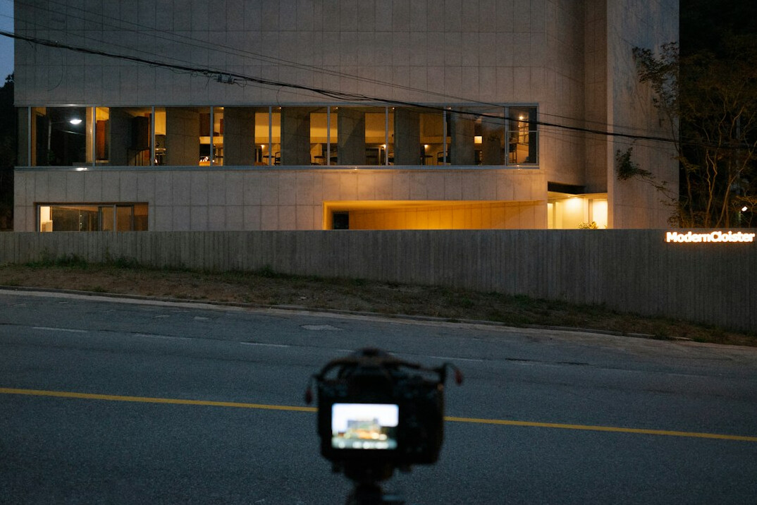 Television studio set with lighting rigs and cameras