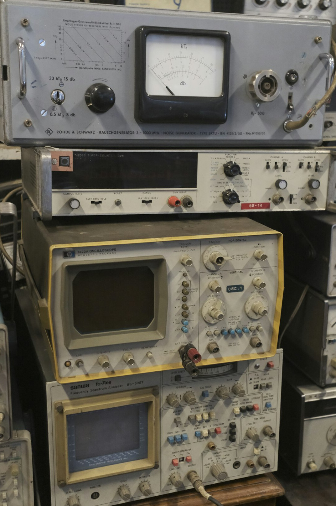 Rack of video synchronization and signal routing equipment